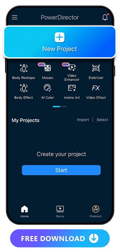 main page UI of PowerDirector with add new project button highlighted